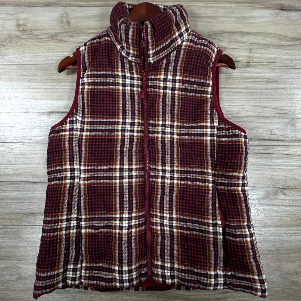 Entro Womens Burgundy Plaid Puffer Vest Quilted Full Zip Stand Collar Medium